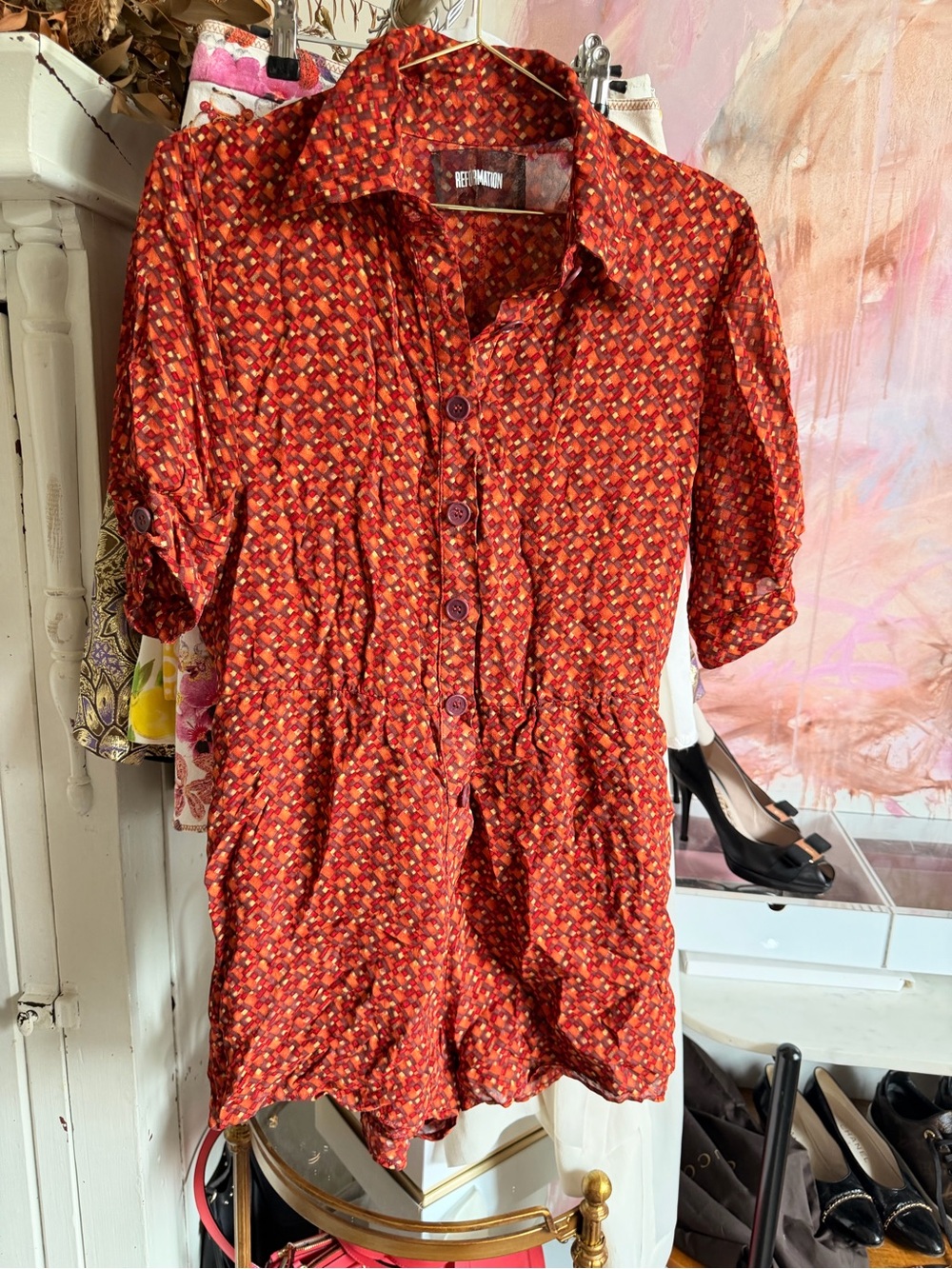 Reformation Burnt Orange & Red Geometric Button Romper